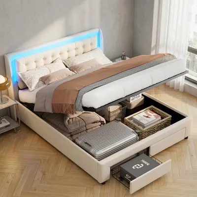 Produktbild von INONEFT Hydraulisches Stauraumbett 180x200cm mit 2 Schublade, Polsterbett Doppelbett mit LED-Beleuchtung, Samt, Beige