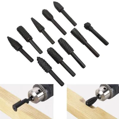 Immagine prodotto di Set da 10 pezzi in legno per utensili elettrici, comprendente frese per legno, set di lime e punte da trapano