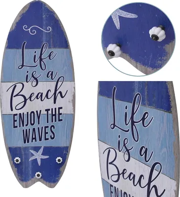 Produktbild von Mucola Plankenschild mit 3 Kleiderhaken Wandgarderobe Shabby Chic Holz Garderobenpaneel Holzbild - Spruch Life is a Beach