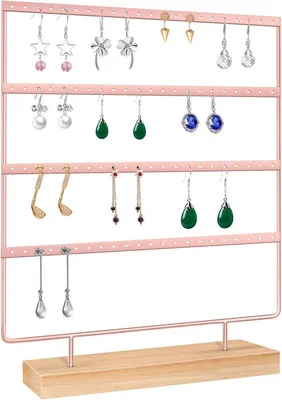 Produktbild von PromoHome® Ohrring-Aufbewahrungsständer - 5-stöckiger Holzschmuckhalter mit 66 Aufbewahrungsplätzen, Rosa