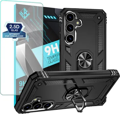 A product shot of a black phone case and a screen protector, with marketing text and graphics.