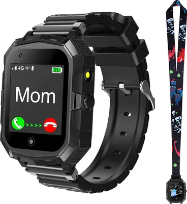 A black smartwatch with a black strap and a colorful dinosaur-themed lanyard is displayed against a white background. The smartwatch screen shows the word "Mom" and icons for calling and ending a call.