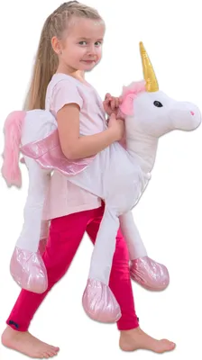 Produktbild von Einhorn Kostüm für Kinder 3-9 Jahre Plüsch weiß pink mit glänzenden Hufen und verstellbarem Schultergurt