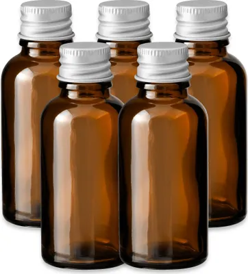 Produktbild von 5x Glasflasche Braun 30 ml mit silbernem Aluminium Schraubverschluss
