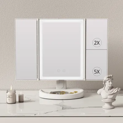 Produktbild von EMKE LED Kosmetikspiegel faltbarer Weiß Schminkspiegel - Beleuchteter Make Up Spiegel mit Dimmbarer und 2X/5X Vergrößerungsspiegel