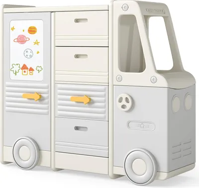 A product shot of a children's toy storage unit designed to look like a bus.