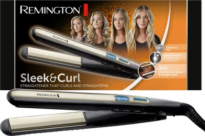 A product shot of a Remington Sleek & Curl straightener, with a box in the background showing models with styled hair.