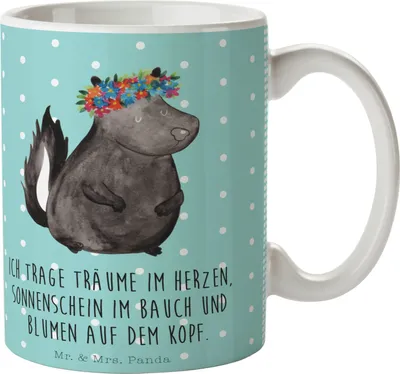 Produktbild von Mr. & Mrs. Panda Tasse Stinktier Mädchen - Türkis Pastell - Geschenk, Kaffeebecher, Pott, Kaffeetasse, Teetasse, mit Motiv, Yoga, Skunk, Keramikbecher, Raubtier, Namaste
