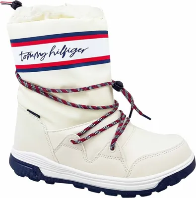 A single white winter boot with Tommy Hilfiger branding.