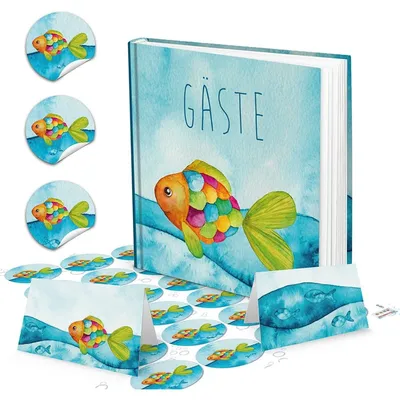Produktbild von Regenbogenfisch Gästebuch BUNTER FISCH + 24 runde Fische Aufkleber + 25 Tischkarten - ideal für Taufe Kommunion Kindergeburtstag Geburtstag als Tischdeko maritim - Mädchen und Jungen