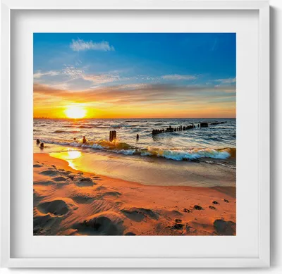 Produktbild von Sonnenaufgang am Meer– Wandbild mit Rahmen – Gerahmtes Bild  – Wanddekoration – 50x50 cm –  Weiß Rahmen