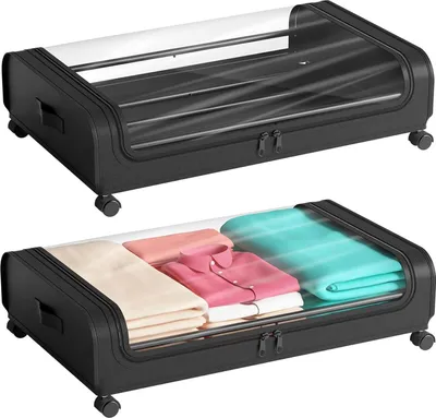 Produktbild von Unterbettkommode, 2 Stück Unterbett-Aufbewahrungsbox mit Rollen, Aufbewahrungstaschen unter dem Bett, Bettdecken und Bettwäsche, Schwarz