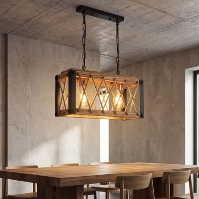 Produktbild von Hängeleuchte Metall Holz H: max. 105 cm in Schwarz geflammtes Kupfer E27 2-flammig länglich Rustikal
