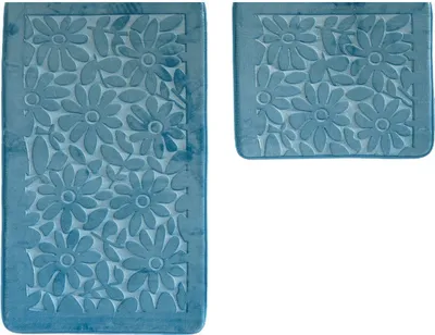 Produktbild von Almina Premium 2 teiliges Bademattenset aus Polyester Rutschfest Waschbar mit Blumenmotiv Blau