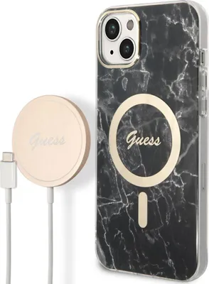 Produktbild von Guess Bundle Pack MagSafe IML Marble - MagSafe iPhone 14 Plus Hülle + Ladegerät Set (Schwarz/Gold)