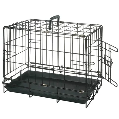 A black wire dog crate with a black plastic tray is shown against a white background.