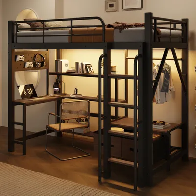 Produktbild von Hochbett 90x200, Eisenrahmen, Lochwand, Regale, Stoffschubladen, Schreibtisch, USB, LED. Weiß