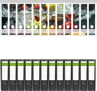 Produktbild von Wallario 12 Stück breite Ordner inkl. Klebeetiketten mit Motive Früchte im und unter Wasser - Splashing Fruits -  Set mit Rückenschildern / Ordnerrücken Stickern