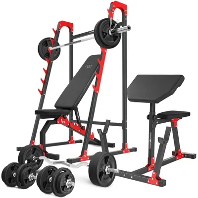 Immagine prodotto di Marbo Sport Set MH10_166KG_KIER_G | panca pesi MH-L114 + rack per bilancieri MH-S204 + panca Scott MH-L105 + set di barre e piastre pesi 113 kg
