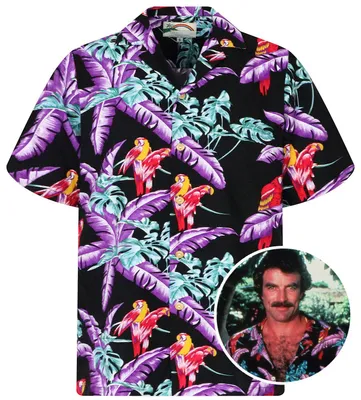 Produktbild von Paradise Found Hawaiihemd Tom Selleck "Jungle Bird" in Schwarz Original Herren Hawaiihemd Kokosnussknöpfe Kurzarm Front-Tasche