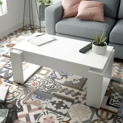 Image de Aspra - Table Basse, 105x45x55 cm, Blanc, Plateau Élévateur avec Rangement