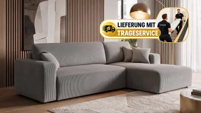 Produktbild von Ecksofa, Schlafsofa, mit Bettkasten 279x187cm CORD (HELLGRAU) - RECHTS - PULA