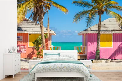 Produktbild von MuchoWow® Fototapete für Wohnzimmer oder Schlafzimmer Wandtapete Vinyl Motivtapete Bunte Strandhütten Karibik - 330x220 cm - Fototapeten