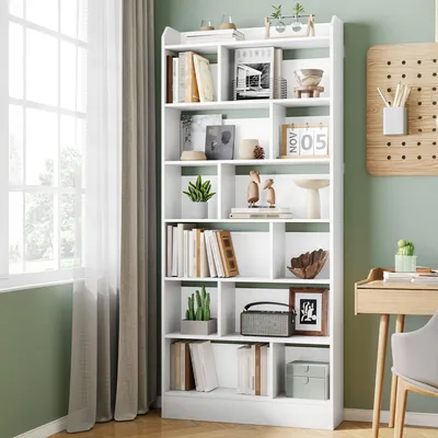 Productafbeelding van Boekenkast Wit - 7 Vakken - 24x80x199 cm - Spaanplaat - Stijlvol Meubilair