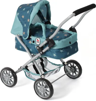 A toy doll stroller with a star pattern.