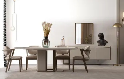 Obrázek produktu pro Béžový jídelní set designový jídelní stůl čalouněné židle příborník