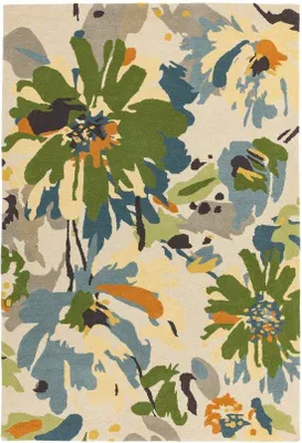 Imagen del producto de Alfombra Unyqoos® Reef Floral Green-Multi, 160x230 cm, alfombra rectangular de pelo corto, hecha a mano con 100% lana, diseño moderno y multicolor