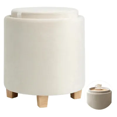 Produktbild von Runder Sitzhocker mit Stauraum, Samt Polsterhocker mit Holzbeinen, multifunktional als Schminkhocker, Fußhocker und Couchtisch, Beige, φ32x38cm