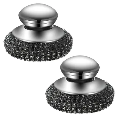 Produktbild von 2 Stück Stahlwolle-Schrubber mit Griff - Edelstahl, geeignet für die Spülmaschine