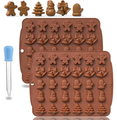 Immagine prodotto di Stampi in silicone a tema natalizio, confezione da 2, per cioccolatini e gelatine, con 5 diversi motivi, colore marrone