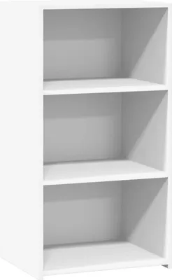 An empty white bookshelf against a white background.