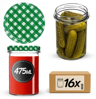 Produktbild von KADAX Einmachgläser 475ml mit Ø 82 mm Schraubdeckel, Marmeladengläser, Schraubgläser zum Einkochen, Einmachen und Aufbewahren von Marmelade & Honig (Karomuster Grün, 16 Stück)