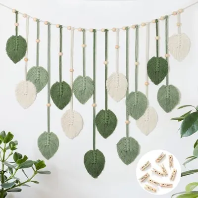 Produktbild von Betylifoy Makramee Wandbehang Wandteppich Groß Boho Deko Makramee Blätter Wandteppich Gewebtes Wandbehang Dekor für Schlafzimmer Wohnzimmer Kinderzimmer (Grün)