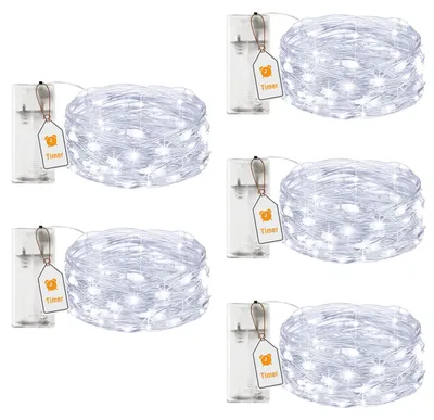 LED-Lichterkette 2 m, 20 LEDs, Timer, kaltweiß, 5 Stück