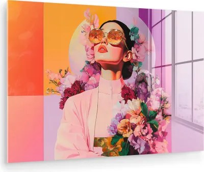 Produktbild von MuchoWow Glasbilder - Bilder auf Wandbild - Foto auf Glas Porträt - Frau - Abstrakt - Blumen 90x60 cm Wanddekoration aus Glas - Acrylglasbild - Acrylbilder - Wandmalerei auf Glas