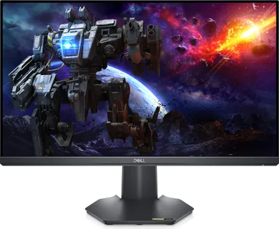 A gaming monitor displaying a futuristic scene with a robot and a space explosion.