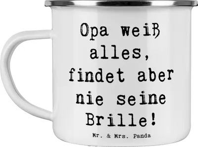 Produktbild von Mr. & Mrs. Panda Emaille Tasse Spruch Opa Wissen - Weiß - Geschenk, Verwandte, Witz, Campingbecher, Großvater, Familie, Dankbarkeit, Pott, Teetasse, wandertasse