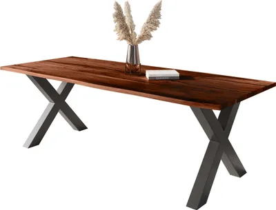 Produktbild von Baumkantentisch Akazie mit schwarzen Resin-Adern nussbaumfarben 300 x 100 cm X-Gestell schwarz POLLY