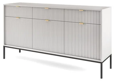 Image de Commode Nova, meuble de rangement, dimensions 154x39x83 cm, couleur gris, 3 portes, façades en MDF avec tiroirs