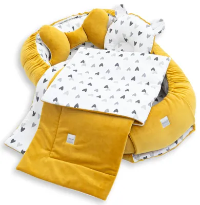 BABYNEST SET 5 tlg. GELB Samt Velour/ Herzchen Grau Baumwolle Nestchen