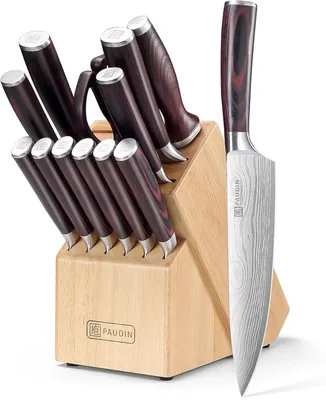 Produktbild von PAUDIN Messerset 14-teilig – Profi Messerblock – Kochmesser, Brotmesser, Steakmesser – Hochwertiger Kohlenstoffstahl – Damastmuster & extrascharf