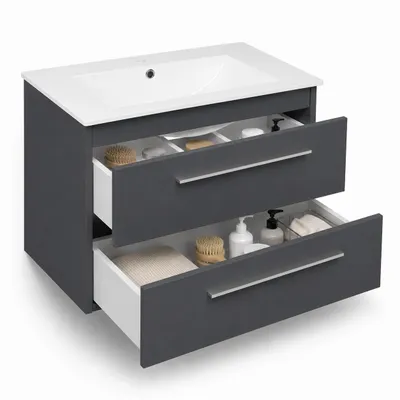 Produktbild von paplinskimoebel Waschtisch mit Unterschrank 60 cm x 40 cm x 53,5 cm Waschbeckenunterschrank Badezimmer Wandschrank Schublade Soft-Close Keramik, KI-generiertes Bild