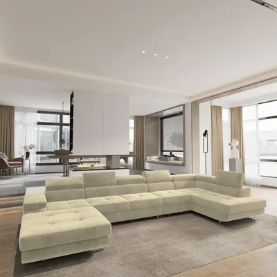 Produktbild von Masseno Ecksofa VELORA R-S mit Schlaffunktion U-Form, Sofa mit Bettkasten, Wohnzimmersofa, Couch, Soffa, Bettsofa, Couchgarnitur- Creme, MONOLITH 04