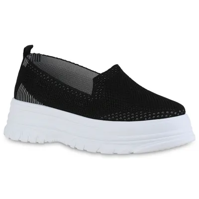 Produktbild von VAN HILL Damen Slip Ons Sneaker Plateau Vorne Strick Profil-Sohle Schuhe 840319, Farbe: Schwarz, Größe: 40