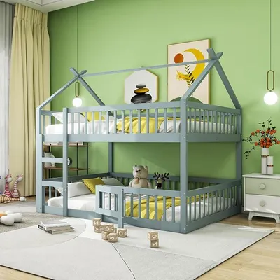 Immagine prodotto di Letto a castello 140 x 200 cm, letto a castello multifunzionale per bambini, casetta con scala, in legno massello, colore grigio (senza materasso)