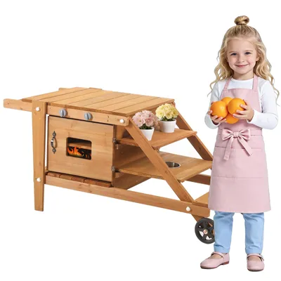 Image de Cuisine d'extérieur pour enfants Merax avec roulettes, cuisine en bois pour jouer dans la boue, cuisine de jardin avec accessoires, cuisine de jeu d'extérieur pour les enfants à partir de 3 ans, couleur naturelle
